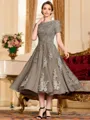 Polished A-Line Chiffon Lace Scoop Short Sleeves Tea-Length Mother of the Bride Dress