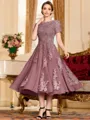 Polished A-Line Chiffon Lace Scoop Short Sleeves Tea-Length Mother of the Bride Dress