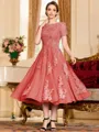 Polished A-Line Chiffon Lace Scoop Short Sleeves Tea-Length Mother of the Bride Dress