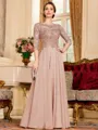 Chic A-Line Chiffon Lace Scoop 3/4 Sleeves Floor-Length Mother of the Bride Dress