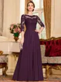 Chic A-Line Chiffon Lace Scoop 3/4 Sleeves Floor-Length Mother of the Bride Dress