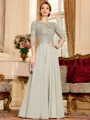 Chic A-Line Chiffon Lace Scoop 3/4 Sleeves Floor-Length Mother of the Bride Dress