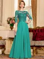 Chic A-Line Chiffon Lace Scoop 3/4 Sleeves Floor-Length Mother of the Bride Dress