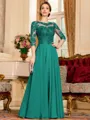 Chic A-Line Chiffon Lace Scoop 3/4 Sleeves Floor-Length Mother of the Bride Dress