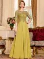 Chic A-Line Chiffon Lace Scoop 3/4 Sleeves Floor-Length Mother of the Bride Dress