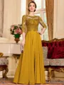 Chic A-Line Chiffon Lace Scoop 3/4 Sleeves Floor-Length Mother of the Bride Dress