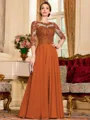 Chic A-Line Chiffon Lace Scoop 3/4 Sleeves Floor-Length Mother of the Bride Dress