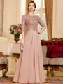 Chic A-Line Chiffon Lace Scoop 3/4 Sleeves Floor-Length Mother of the Bride Dress