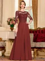 Chic A-Line Chiffon Lace Scoop 3/4 Sleeves Floor-Length Mother of the Bride Dress