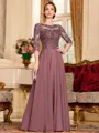Chic A-Line Chiffon Lace Scoop 3/4 Sleeves Floor-Length Mother of the Bride Dress