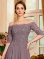 Understated A-Line Chiffon Applique Off-the-Shoulder 3/4 Sleeves Floor-Length Mother of the Bride Dress