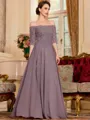 Understated A-Line Chiffon Applique Off-the-Shoulder 3/4 Sleeves Floor-Length Mother of the Bride Dress