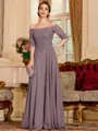 Understated A-Line Chiffon Applique Off-the-Shoulder 3/4 Sleeves Floor-Length Mother of the Bride Dress