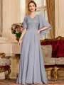 Resplendent A-Line Chiffon Applique V-Neck 1/2 Sleeves Floor-Length Mother of the Bride Dress