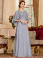 Resplendent A-Line Chiffon Applique V-Neck 1/2 Sleeves Floor-Length Mother of the Bride Dress