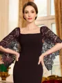 Stunning Sheath Stretch Crepe Lace Square 1/2 Sleeves Sweep Train Mother of the Bride Dress