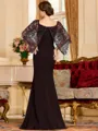 Stunning Sheath Stretch Crepe Lace Square 1/2 Sleeves Sweep Train Mother of the Bride Dress
