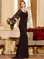 Stunning Sheath Stretch Crepe Lace Square 1/2 Sleeves Sweep Train Mother of the Bride Dress