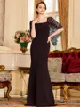 Stunning Sheath Stretch Crepe Lace Square 1/2 Sleeves Sweep Train Mother of the Bride Dress