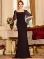 Stunning Sheath Stretch Crepe Lace Square 1/2 Sleeves Sweep Train Mother of the Bride Dress