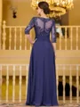 Polished A-Line Chiffon Applique Bateau 3/4 Sleeves Floor-Length Mother of the Bride Dress