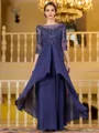 Polished A-Line Chiffon Applique Bateau 3/4 Sleeves Floor-Length Mother of the Bride Dress