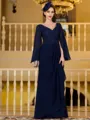 Modest A-Line Chiffon Applique V-Neck Long Sleeves Floor-Length Mother of the Bride Dress
