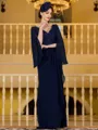 Modest A-Line Chiffon Applique V-Neck Long Sleeves Floor-Length Mother of the Bride Dress
