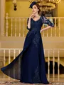 Immaculate A-Line Chiffon Applique V-Neck 3/4 Sleeves Floor-Length Mother of the Bride Dress