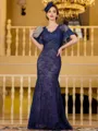 Charming Sheath Silk like Satin Lace V-Neck Short Sleeves Floor-Length Mother of the Bride Dress