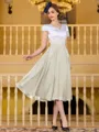 Charming A-Line Chiffon Applique V-Neck Short Sleeves Tea-Length Mother of the Bride Dress