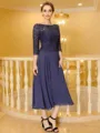 Noble A-Line Chiffon Lace Scoop 3/4 Sleeves Tea-Length Mother of the Bride Dress