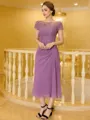 Statuesque Sheath Chiffon Applique Scoop Short Sleeves Tea-Length Mother of the Bride Dress