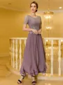 Rhythmic A-Line Chiffon Lace Scoop Short Sleeves Ankle-Length Mother of the Bride Dress