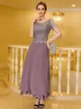 Rhythmic A-Line Chiffon Lace Scoop Short Sleeves Ankle-Length Mother of the Bride Dress