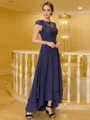Flattering A-Line Chiffon Applique Scoop Short Sleeves Asymmetrical Mother of the Bride Dress