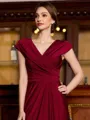Statuesque Sheath Jersey Ruched V-Neck Short Sleeves Floor-Length Mother of the Bride Dress