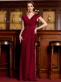 Statuesque Sheath Jersey Ruched V-Neck Short Sleeves Floor-Length Mother of the Bride Dress