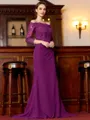 Endearing Sheath Chiffon Applique Off-the-Shoulder 3/4 Sleeves Sweep Train Mother of the Bride Dress