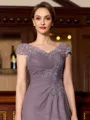 Unique Sheath Chiffon Lace V-Neck Short Sleeves Floor-Length Mother of the Bride Dress
