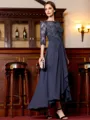 Stunning A-Line Chiffon Applique Scoop 3/4 Sleeves Asymmetrical Mother of the Bride Dress