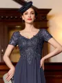 Flattering A-Line Chiffon Applique V-Neck Short Sleeves Floor-Length Mother of the Bride Dress