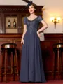 Flattering A-Line Chiffon Applique V-Neck Short Sleeves Floor-Length Mother of the Bride Dress