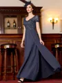 Flattering A-Line Chiffon Applique V-Neck Short Sleeves Floor-Length Mother of the Bride Dress