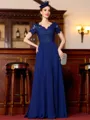 Glamorous A-Line Chiffon Lace V-Neck Short Sleeves Floor-Length Mother of the Bride Dress