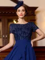 Modest A-Line Chiffon Applique Bateau Short Sleeves Asymmetrical Mother of the Bride Dress