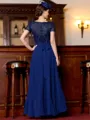 Modest A-Line Chiffon Applique Bateau Short Sleeves Asymmetrical Mother of the Bride Dress