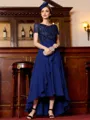 Modest A-Line Chiffon Applique Bateau Short Sleeves Asymmetrical Mother of the Bride Dress