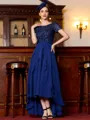 Modest A-Line Chiffon Applique Bateau Short Sleeves Asymmetrical Mother of the Bride Dress