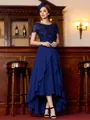 Modest A-Line Chiffon Applique Bateau Short Sleeves Asymmetrical Mother of the Bride Dress